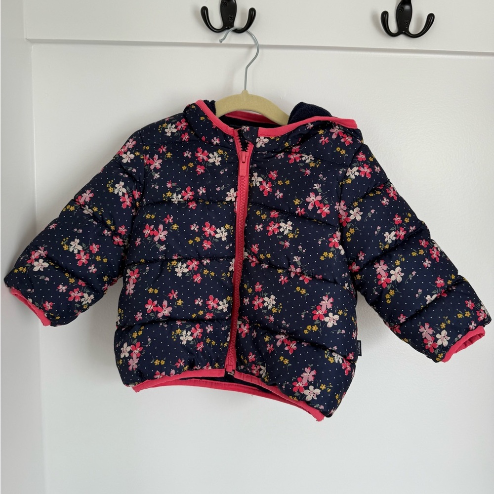 GAP Kids Floral Puffer Jacket - Dark Blue and Pink